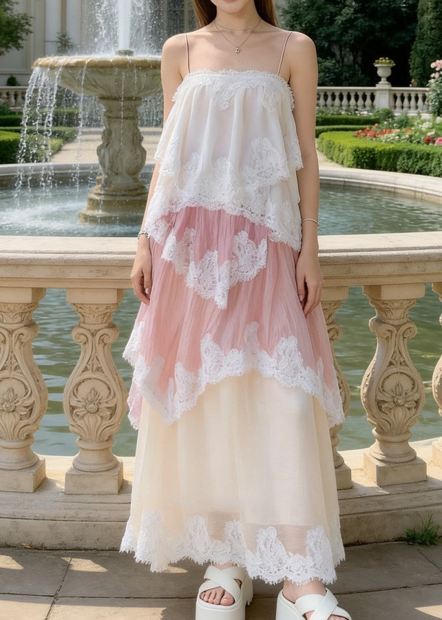 Elegant Gradient Pink Patchwork Lace Holiday Cami Dress Summer