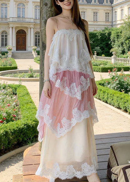 Elegant Gradient Pink Patchwork Lace Holiday Cami Dress Summer