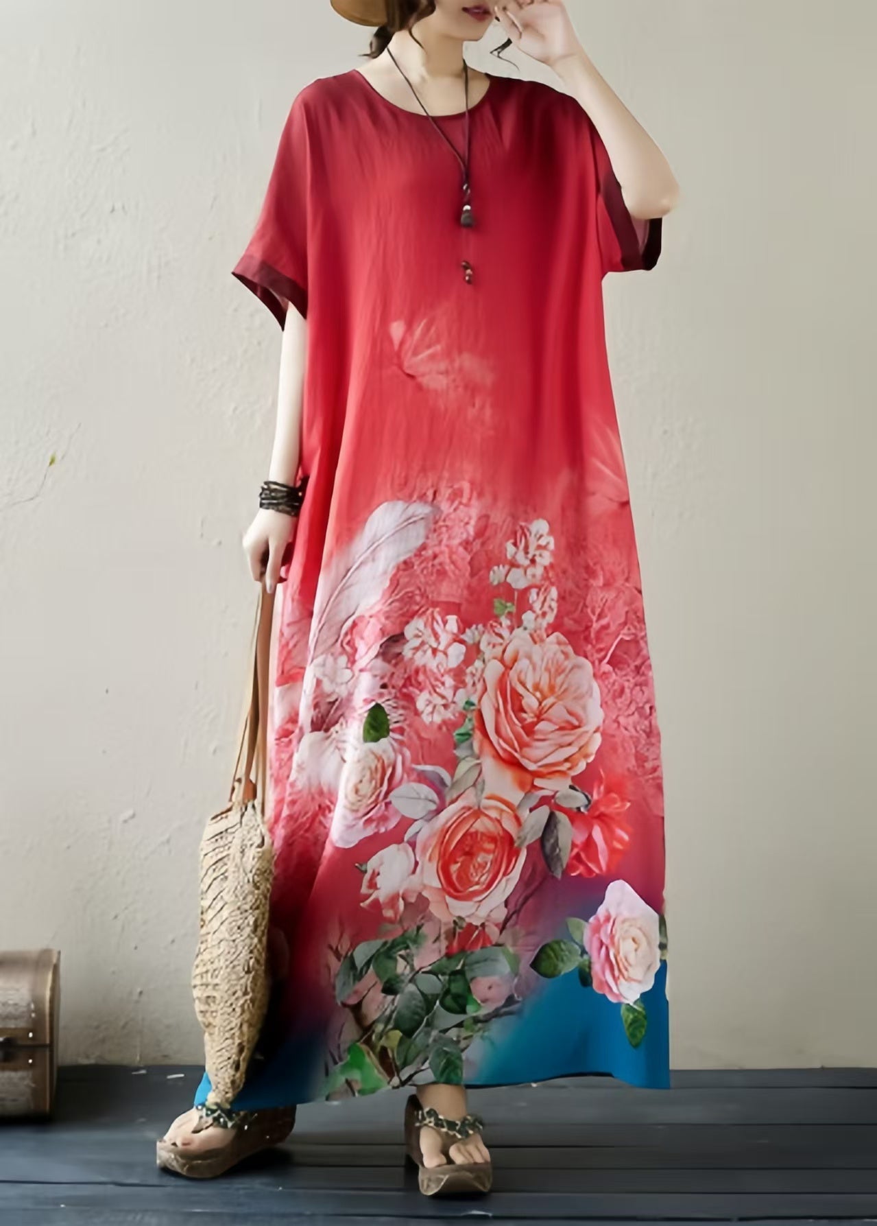 Elegant Gradient Red Oversized Print Holiday Dress Summer