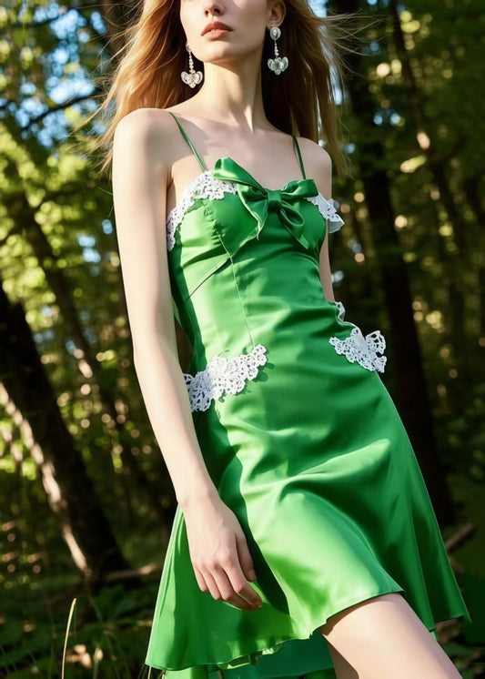 Elegant Grass Green Bow Patchwork Lace Silk Mini Dress Summer
