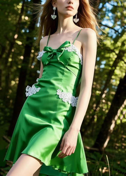 Elegant Grass Green Bow Patchwork Lace Silk Mini Dress Summer