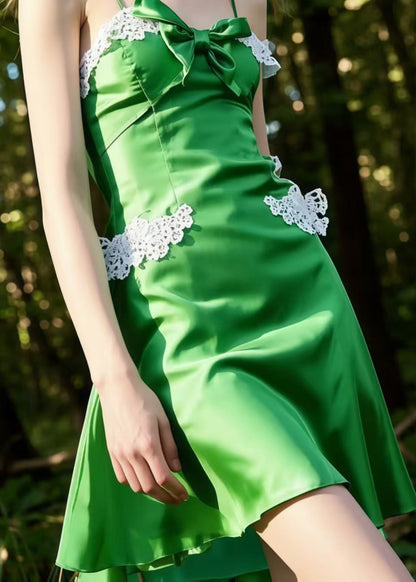 Elegant Grass Green Bow Patchwork Lace Silk Mini Dress Summer