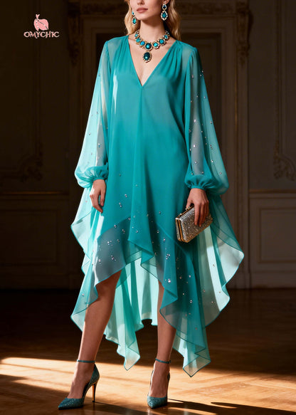 Elegant Green Asymmetrical Rhinestone Chiffon Holiday Dress Summer