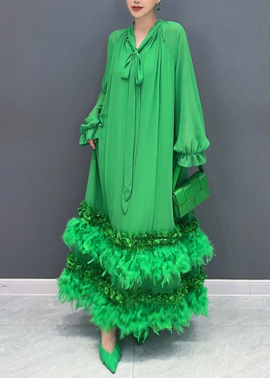 Elegant Green Bow Patchwork Floral Tassel Chiffon Long Dresses Fall