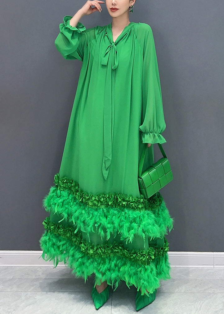 Elegant Green Bow Patchwork Floral Tassel Chiffon Long Dresses Fall
