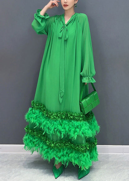 Elegant Green Bow Patchwork Floral Tassel Chiffon Long Dresses Fall