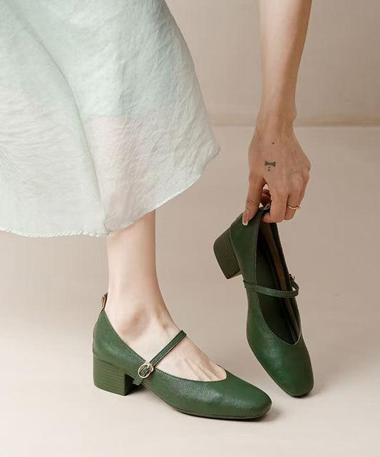 Elegant Green Buckle Strap Faux Leather Chunky High Heels