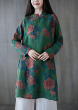 Load image into Gallery viewer, Elegant Green Button Print Linen Mid Dress Long Sleeve