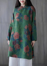 Load image into Gallery viewer, Elegant Green Button Print Linen Mid Dress Long Sleeve