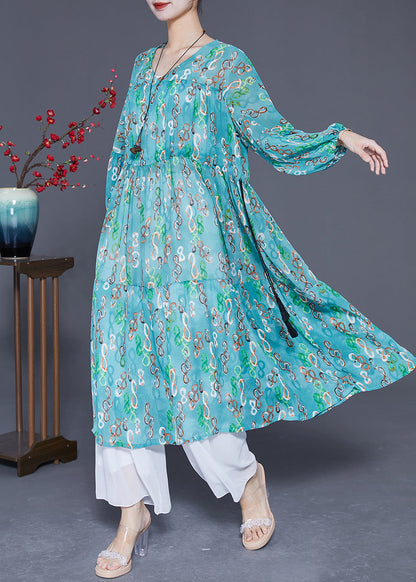 Elegant Green Cinched Print Chiffon Long Dresses Summer