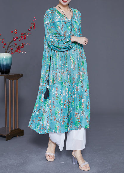 Elegant Green Cinched Print Chiffon Long Dresses Summer