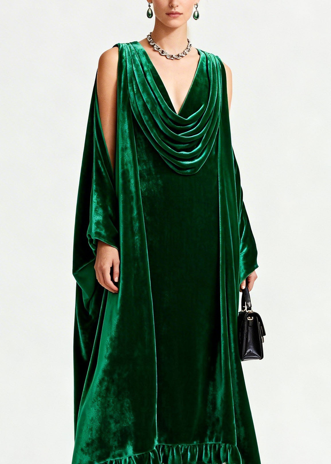 Elegant Green Draped Neckline Patchwork Velvet Dress Fall