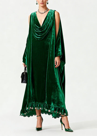 Elegant Green Draped Neckline Patchwork Velvet Dress Fall