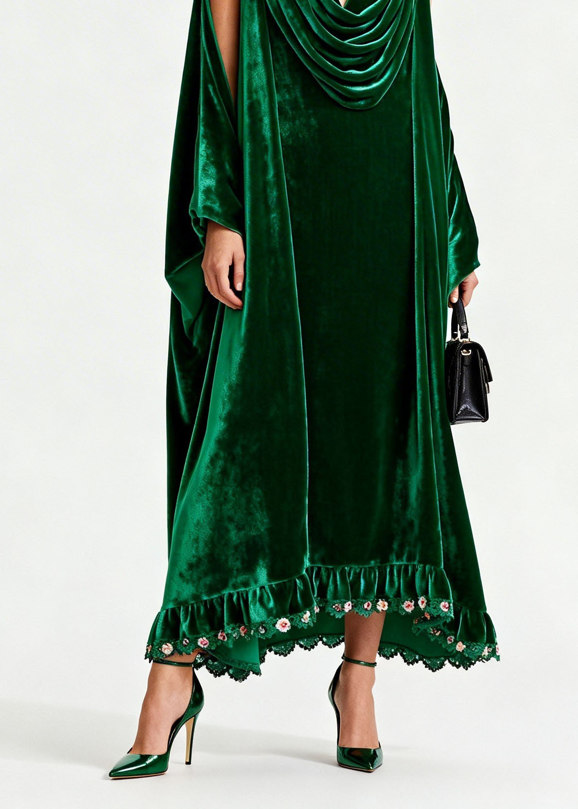 Elegant Green Draped Neckline Patchwork Velvet Dress Fall