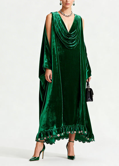 Elegant Green Draped Neckline Patchwork Velvet Dress Fall