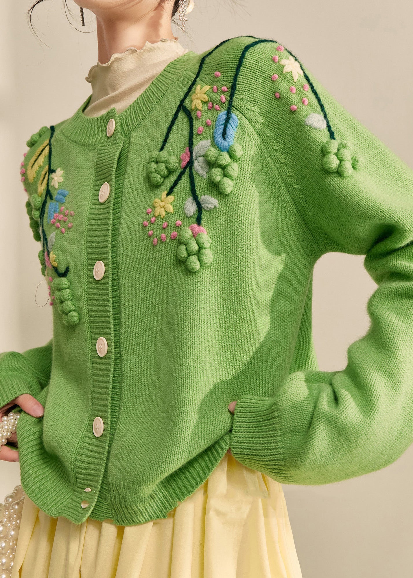 Elegant Green Embroidered Floral Button Cotton Knit Cardigans Spring