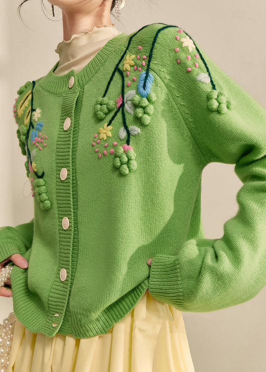 Elegant Green Embroidered Floral Button Cotton Knit Cardigans Spring