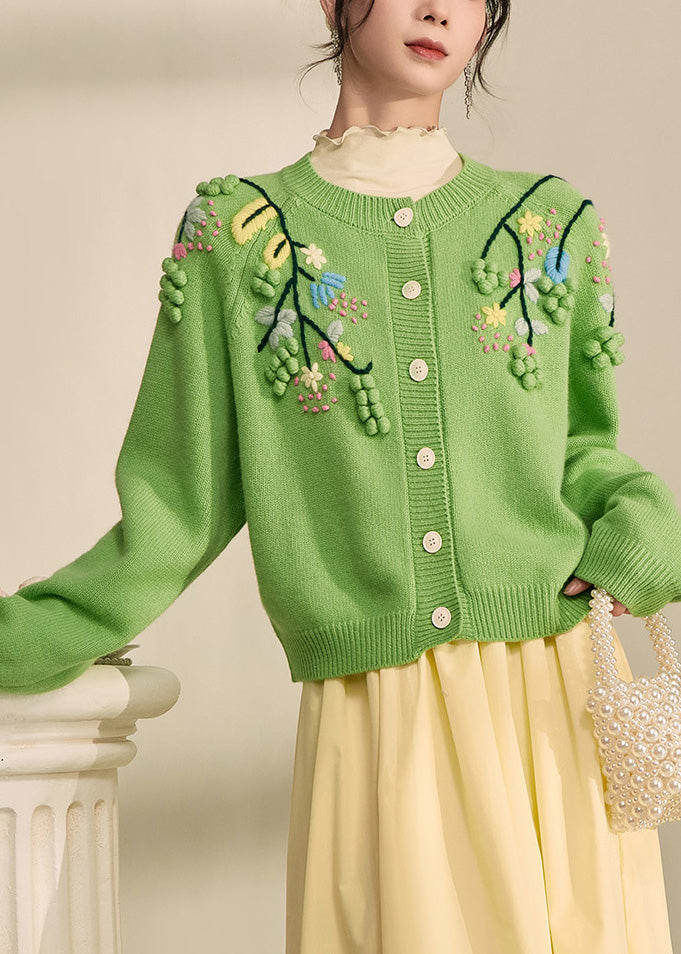 Elegant Green Embroidered Floral Button Cotton Knit Cardigans Spring