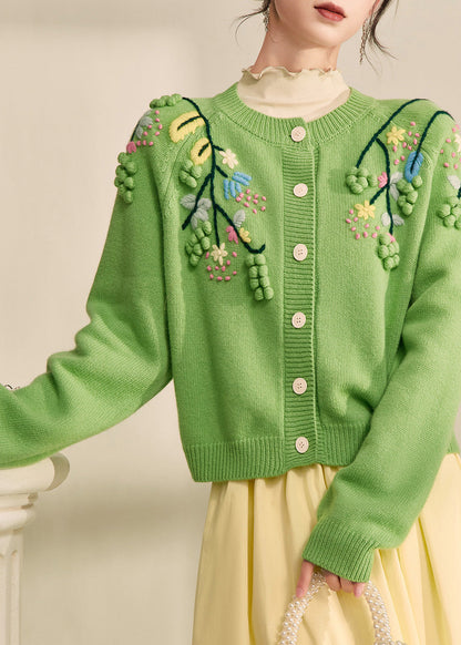 Elegant Green Embroidered Floral Button Cotton Knit Cardigans Spring