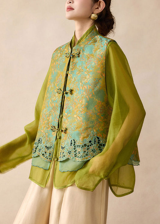 Elegant Green Embroidered Hollow Out Waistcoat Fall