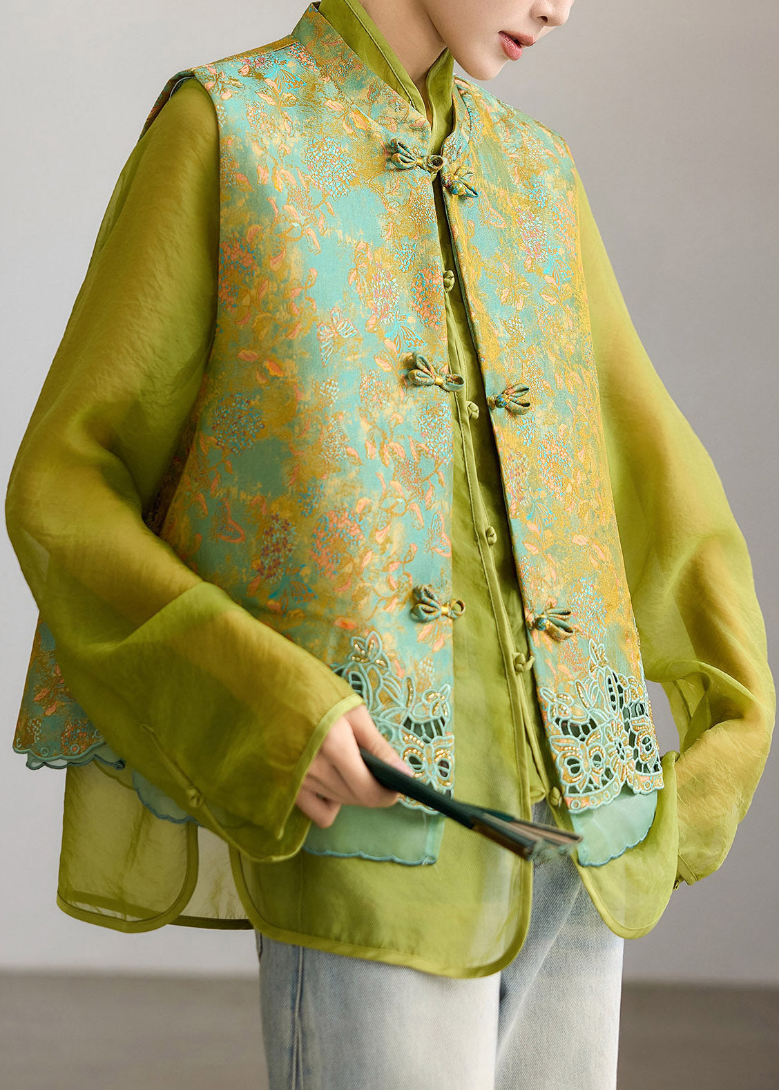 Elegant Green Embroidered Hollow Out Waistcoat Fall