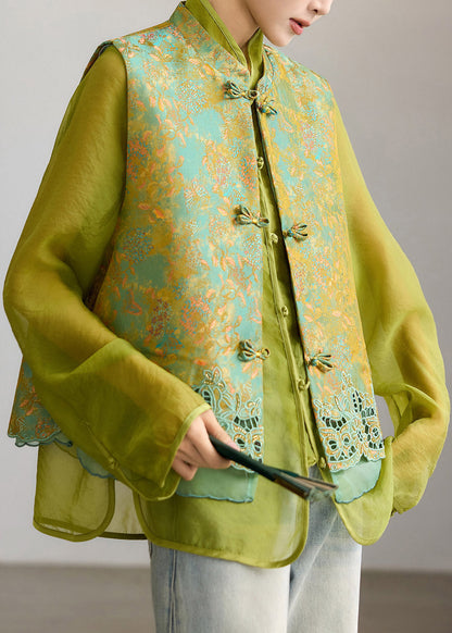 Elegant Green Embroidered Hollow Out Waistcoat Fall