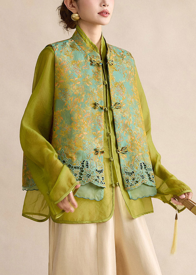 Elegant Green Embroidered Hollow Out Waistcoat Fall