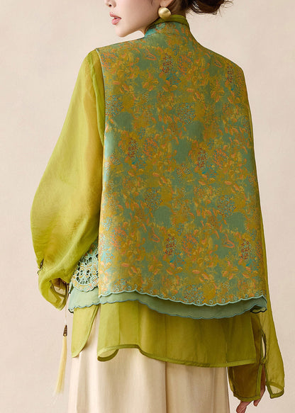 Elegant Green Embroidered Hollow Out Waistcoat Fall