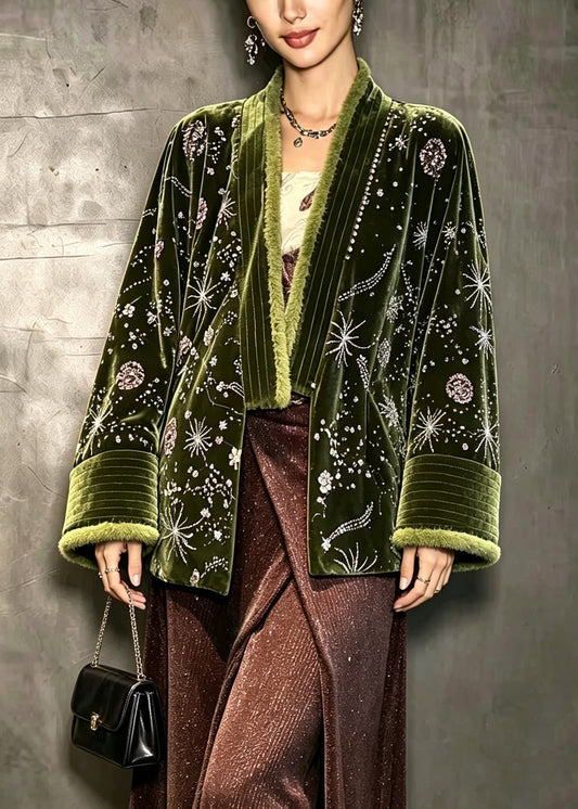 Elegant Green Embroidered Sequins Velvet Warm Fleece Coat Winter