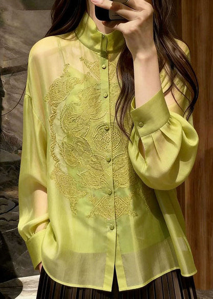 Elegant Green Embroidered Silk Shirt Long Sleeve