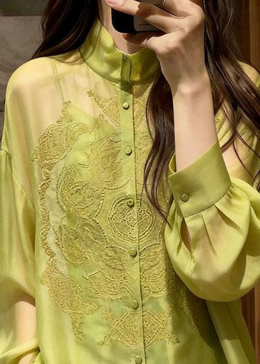Elegant Green Embroidered Silk Shirt Long Sleeve