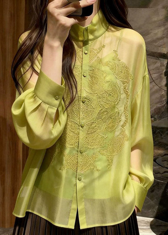 Elegant Green Embroidered Silk Shirt Long Sleeve