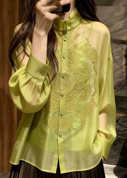 Elegant Green Embroidered Silk Shirt Long Sleeve