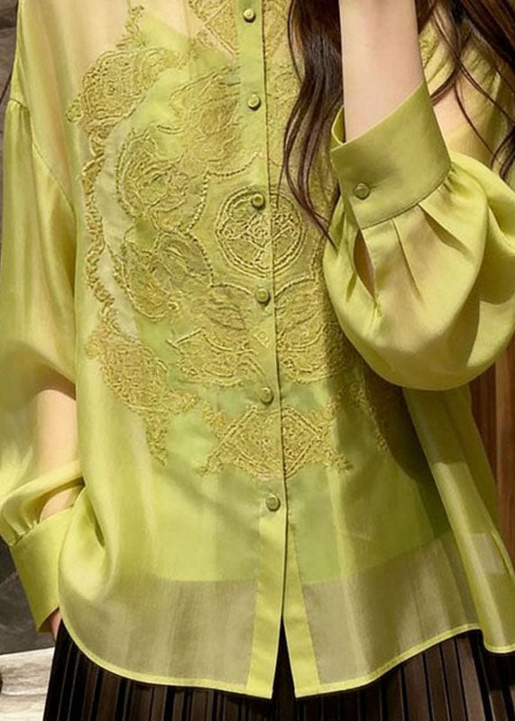 Elegant Green Embroidered Silk Shirt Long Sleeve