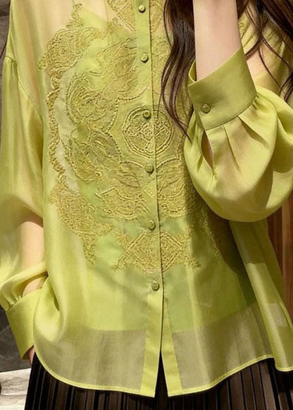 Elegant Green Embroidered Silk Shirt Long Sleeve