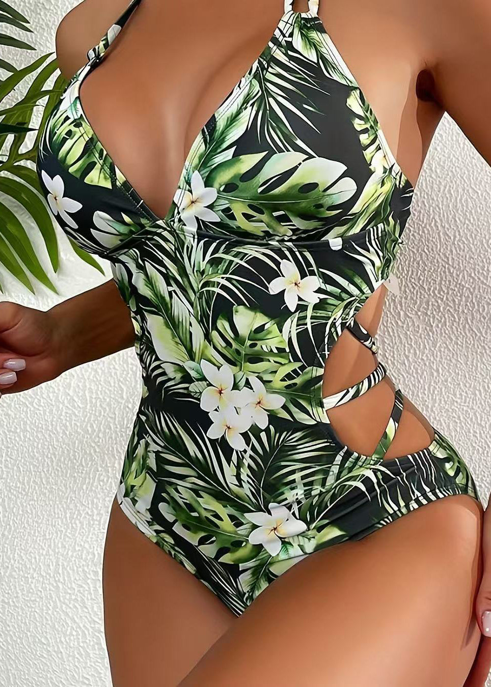 Elegant Green Halter Print Backless Swimwear Bodysuits