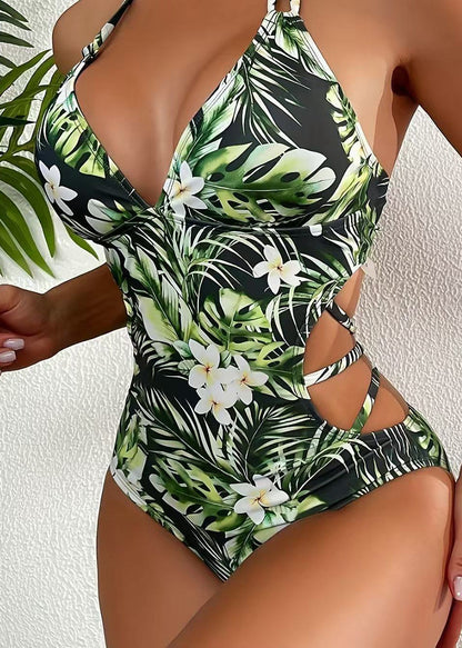 Elegant Green Halter Print Backless Swimwear Bodysuits