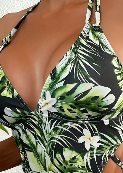 Elegant Green Halter Print Backless Swimwear Bodysuits