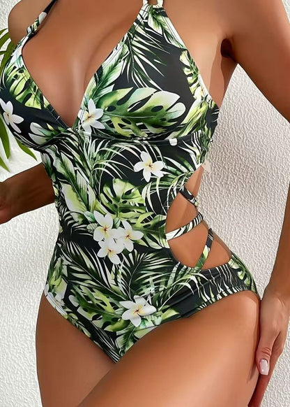 Elegant Green Halter Print Backless Swimwear Bodysuits