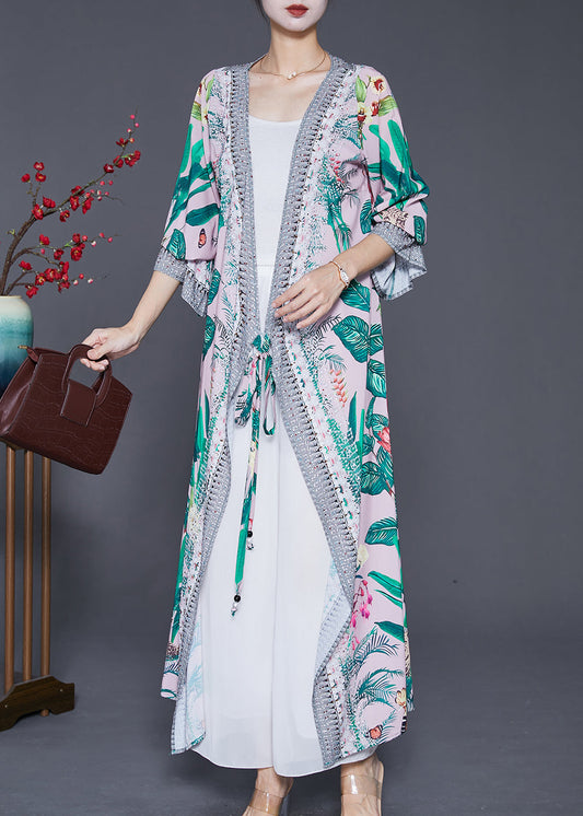 Elegant Green Leaf Print Lace Up Chiffon Long Cardigan Fall
