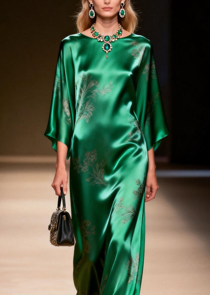 Elegant Green O Neck Jacquard Silk Ankle Dress Summer