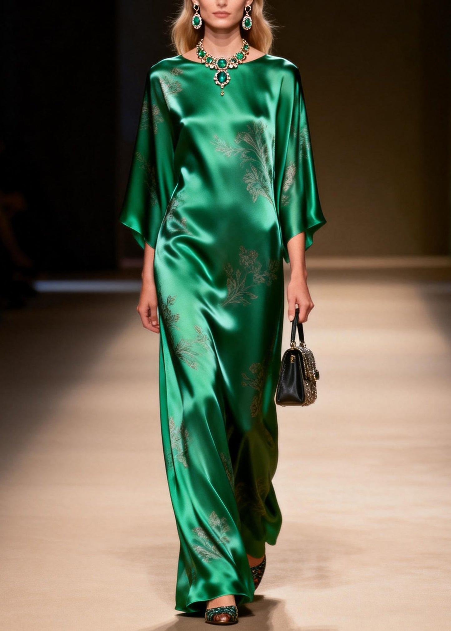 Elegant Green O Neck Jacquard Silk Ankle Dress Summer