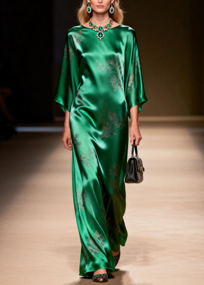 Elegant Green O Neck Jacquard Silk Ankle Dress Summer
