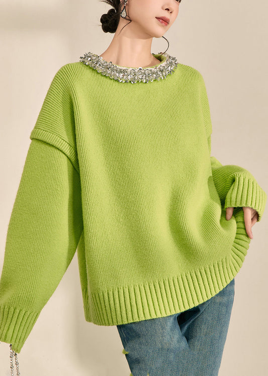 Elegant Green O-Neck Patchwork Cotton Knit Sweater Long Sleeve