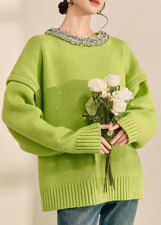 Elegant Green O-Neck Patchwork Cotton Knit Sweater Long Sleeve