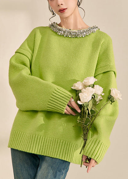 Elegant Green O-Neck Patchwork Cotton Knit Sweater Long Sleeve