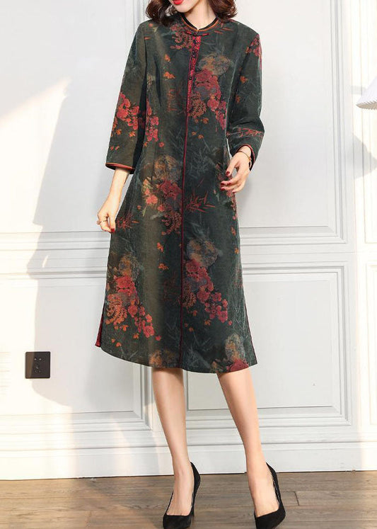 Elegant Green O Neck Side Open Print Silk Dress Bracelet Sleeve