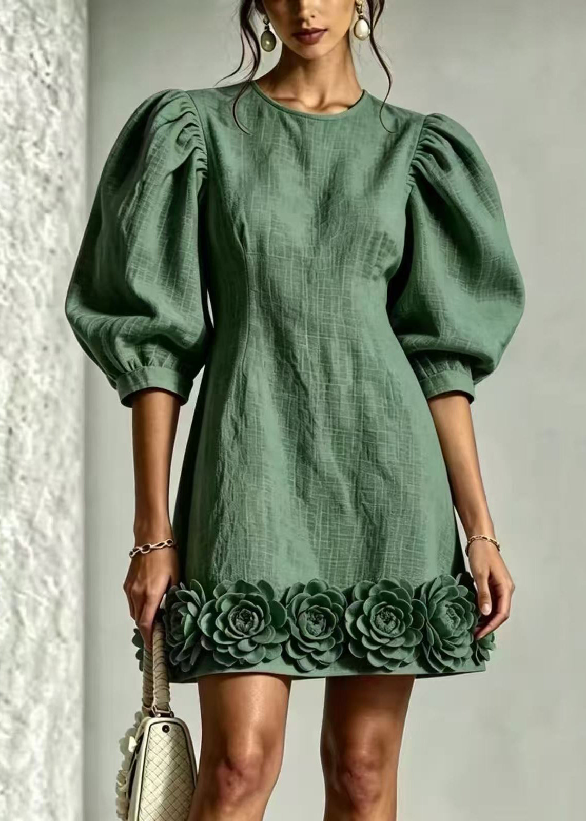 Elegant Green O-Neck Stereoscopic Floral Hem Dress Puff Sleeve