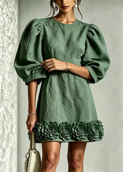 Elegant Green O-Neck Stereoscopic Floral Hem Dress Puff Sleeve