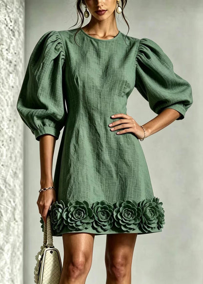Elegant Green O-Neck Stereoscopic Floral Hem Dress Puff Sleeve